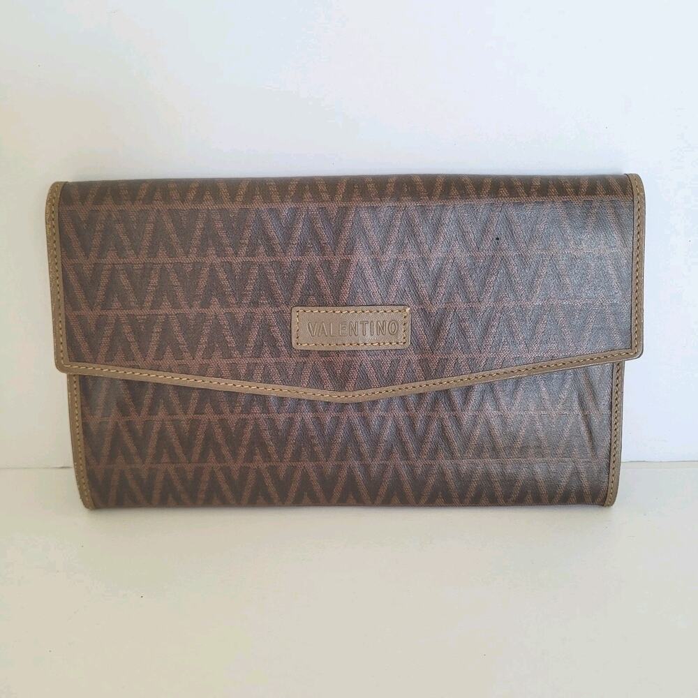 Valentino Vintage Bifold Logo Brown Wallet Large Vintage Envelope Italian Retro